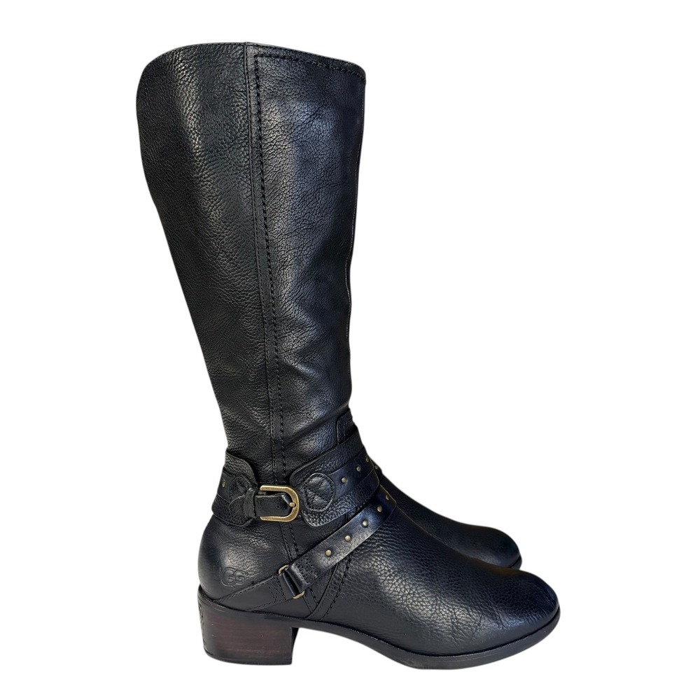 NEEDS REPAIR UGG Black Leather Knee High Boots Side Zip Buckle Studded Women 9